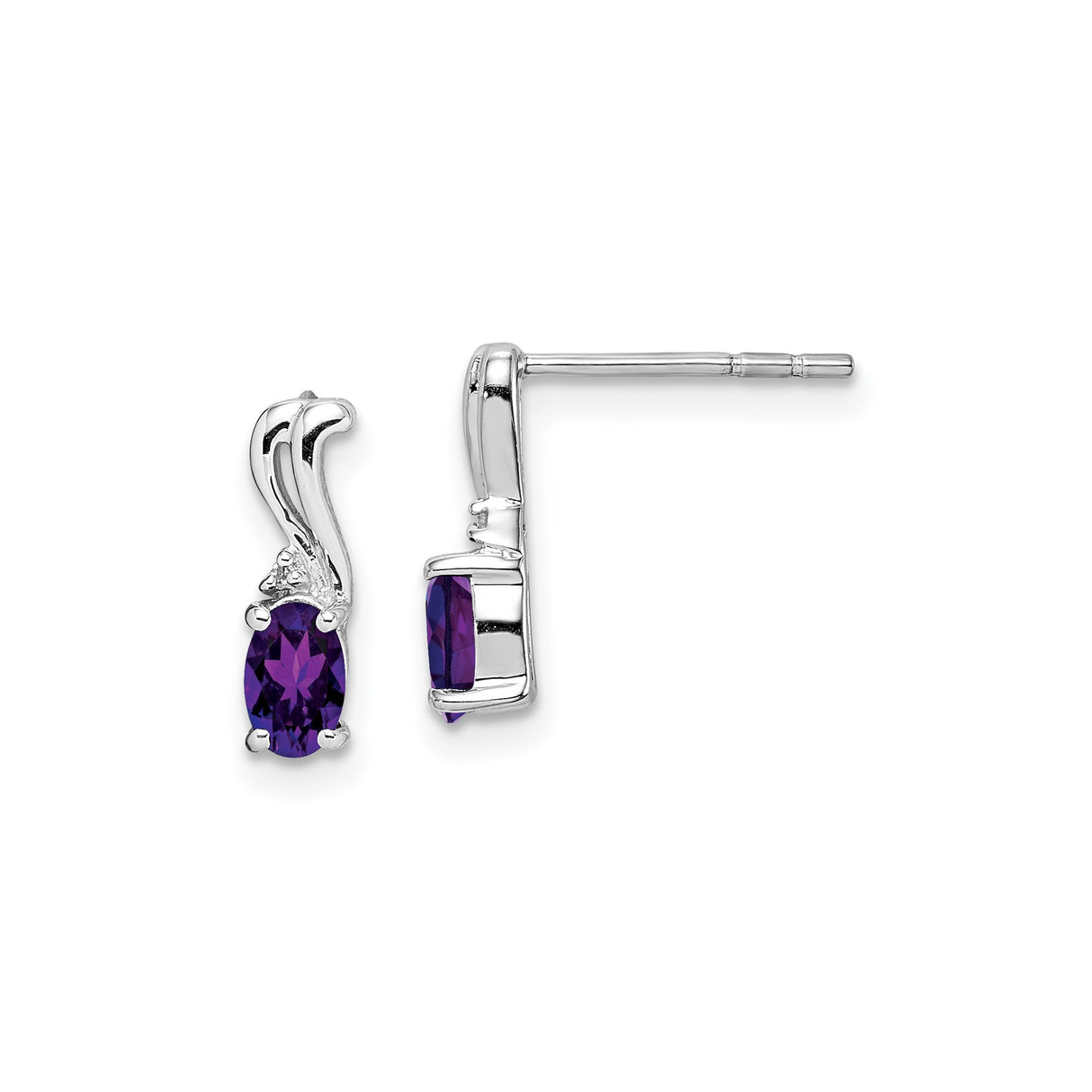 Sterling Silver Amethyst Stud Earrings with Diamond Accents, Oval Cut, Curved Design