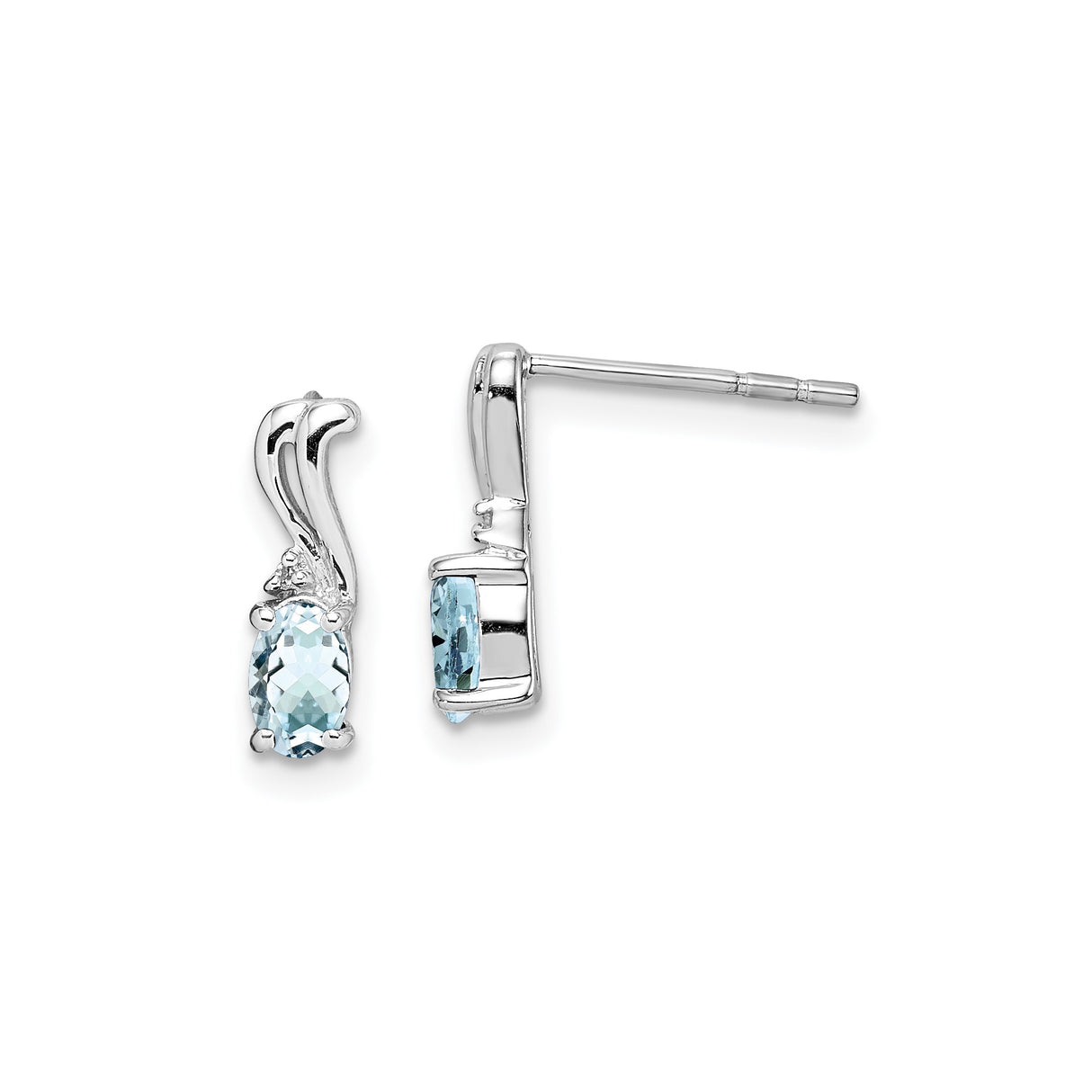 Sterling Silver Dangle Earrings with Oval Aquamarine and Diamond Accents, Flowing Wave Design