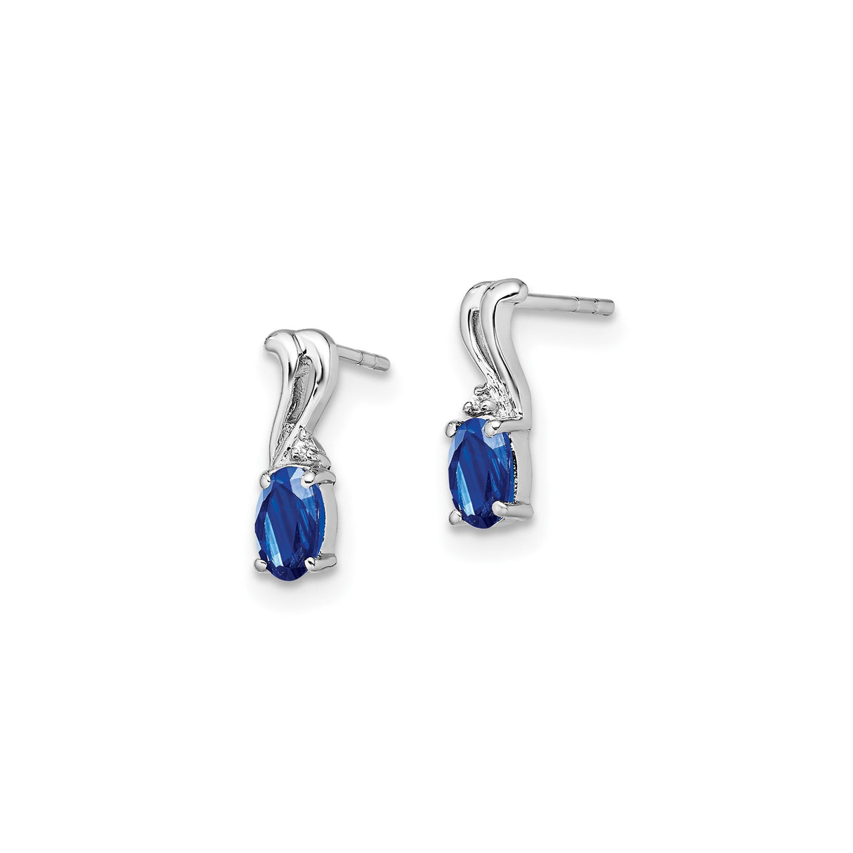 Sterling Silver Stud Earrings with Oval Sapphire and Diamond Accents, Wave Design for Women