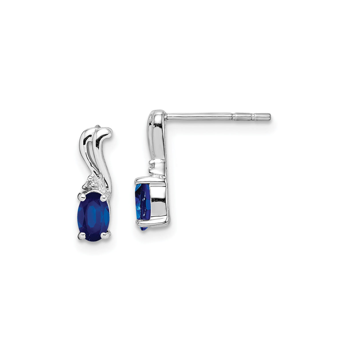 Sterling Silver Stud Earrings with Oval Sapphire and Diamond Accents, Wave Design for Women