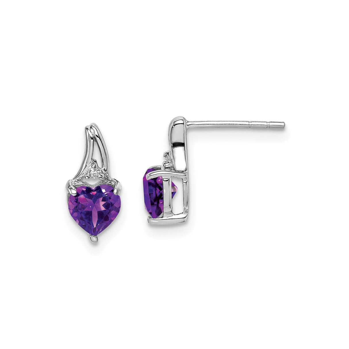 Sterling Silver Heart Stud Earrings with Amethyst and Diamond Accents, February Birthstone Jewelry