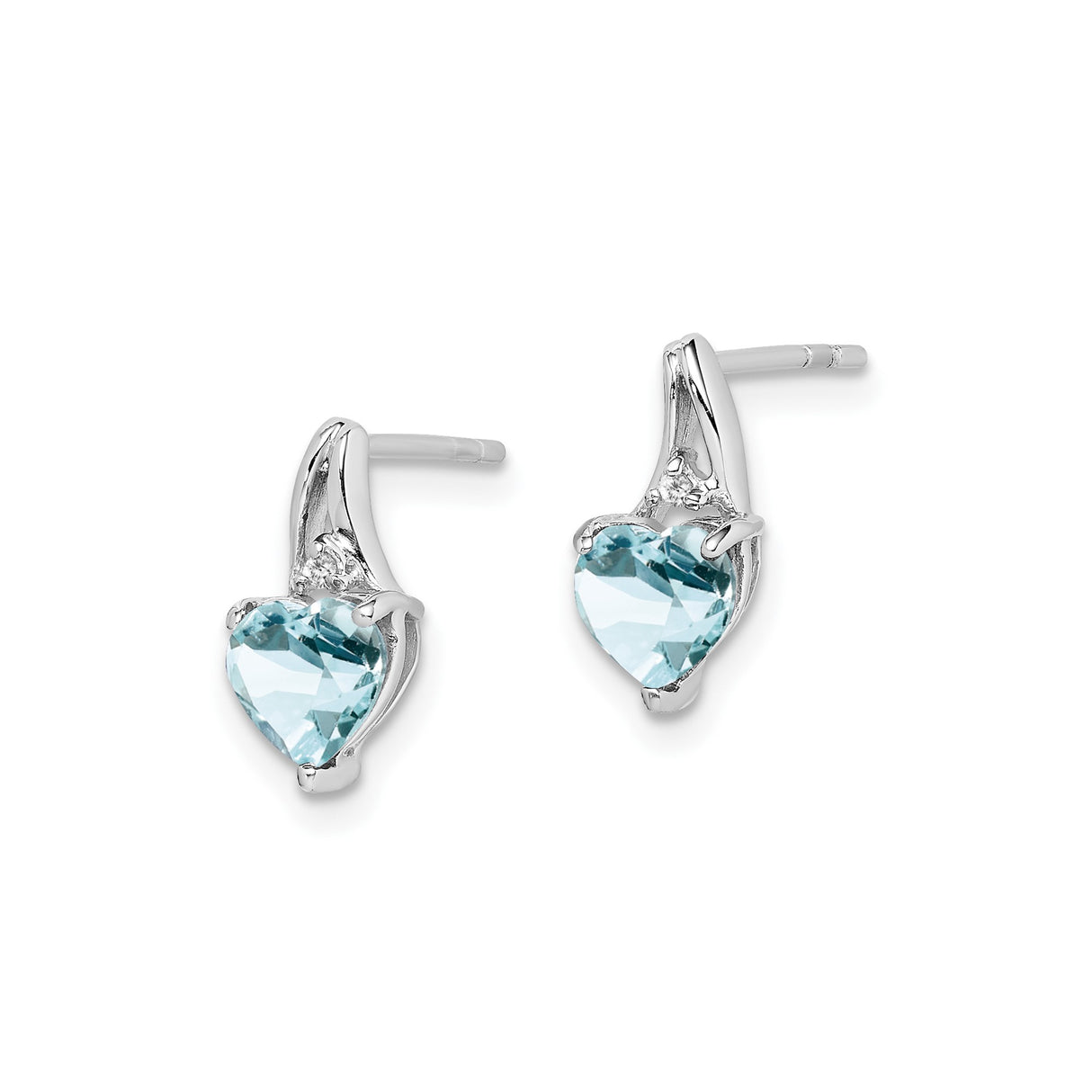 Sterling Silver Heart Stud Earrings with Aquamarine and Diamond Accents