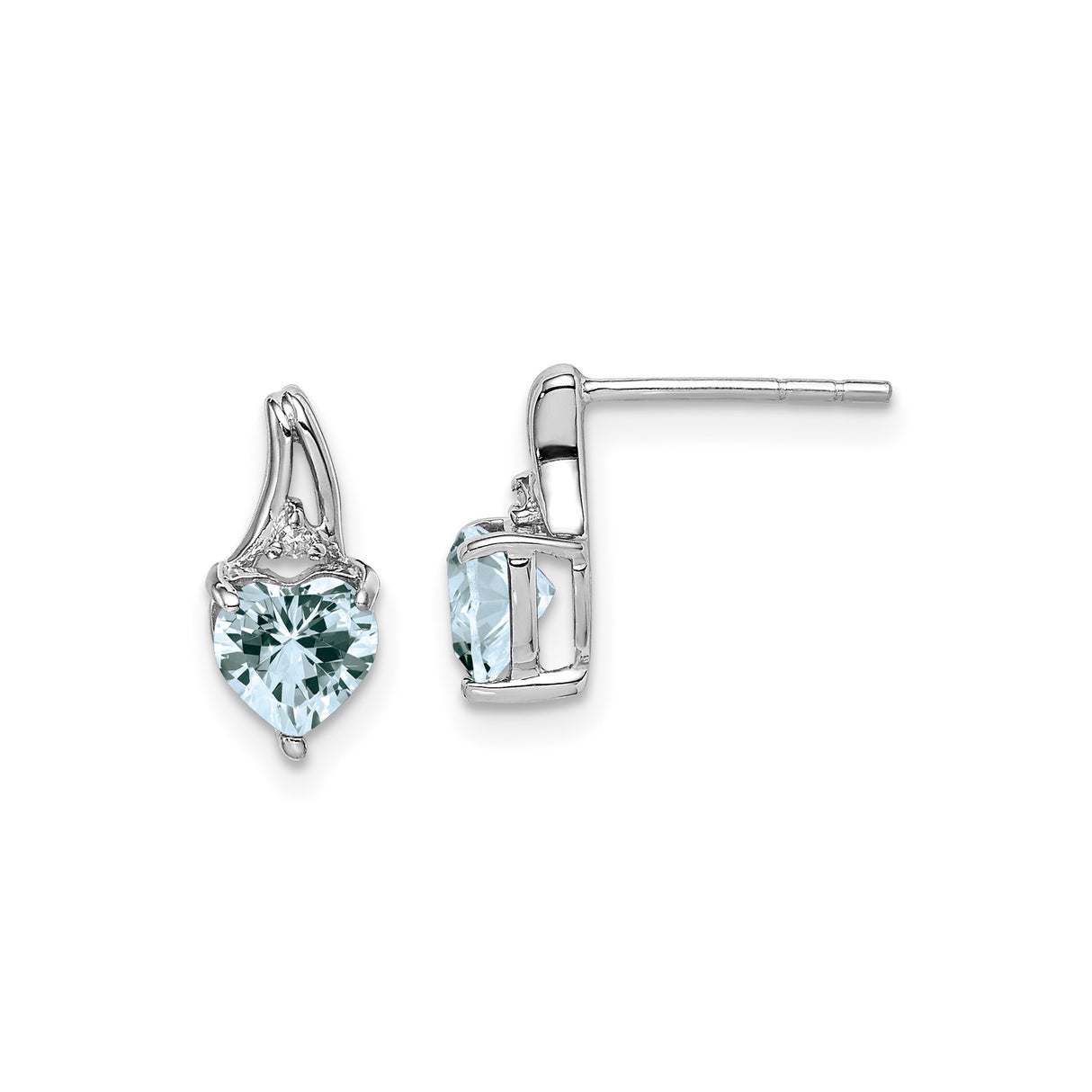 Sterling Silver Heart Stud Earrings with Aquamarine and Diamond Accents
