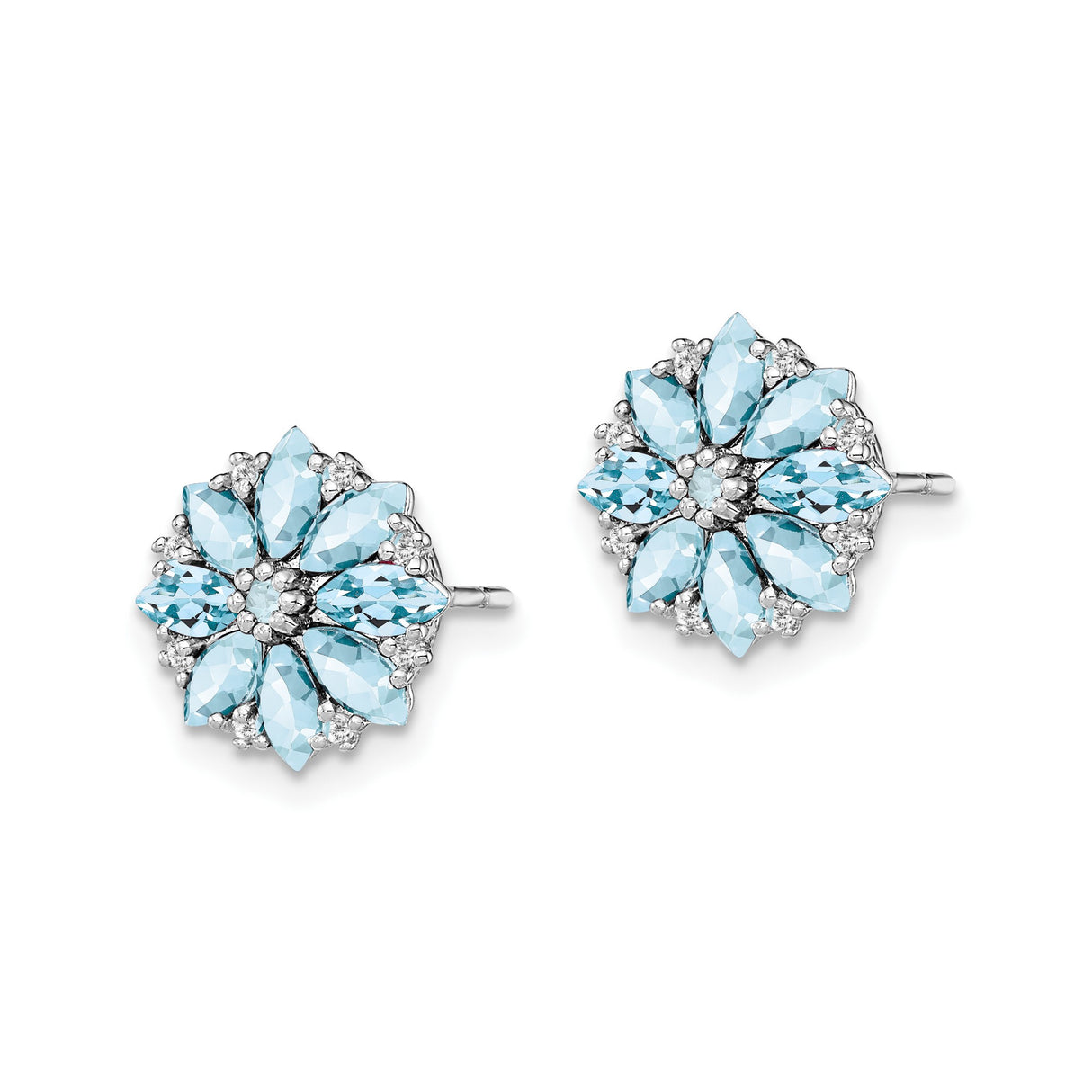 Sterling Silver Stud Earrings with Aquamarine and Diamond Accents, Floral Nature-Inspired Design
