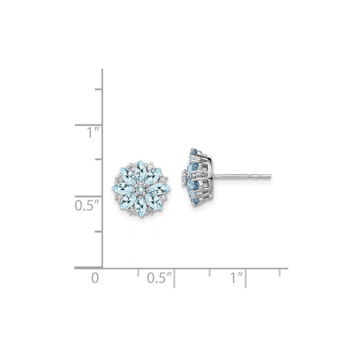 Sterling Silver Stud Earrings with Aquamarine and Diamond Accents, Floral Nature-Inspired Design