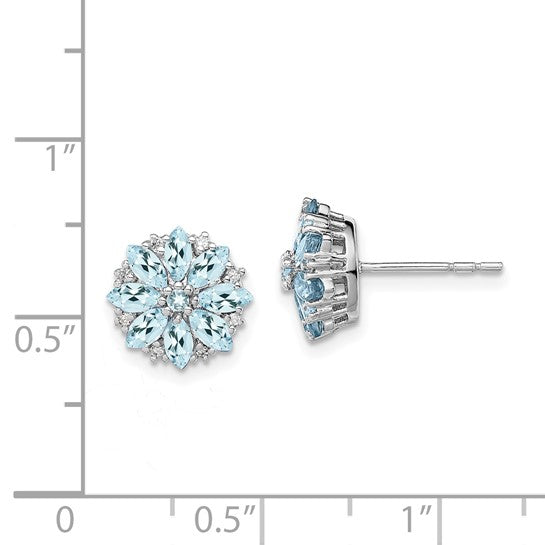 Sterling Silver Stud Earrings with Aquamarine and Diamond Accents, Floral Nature-Inspired Design