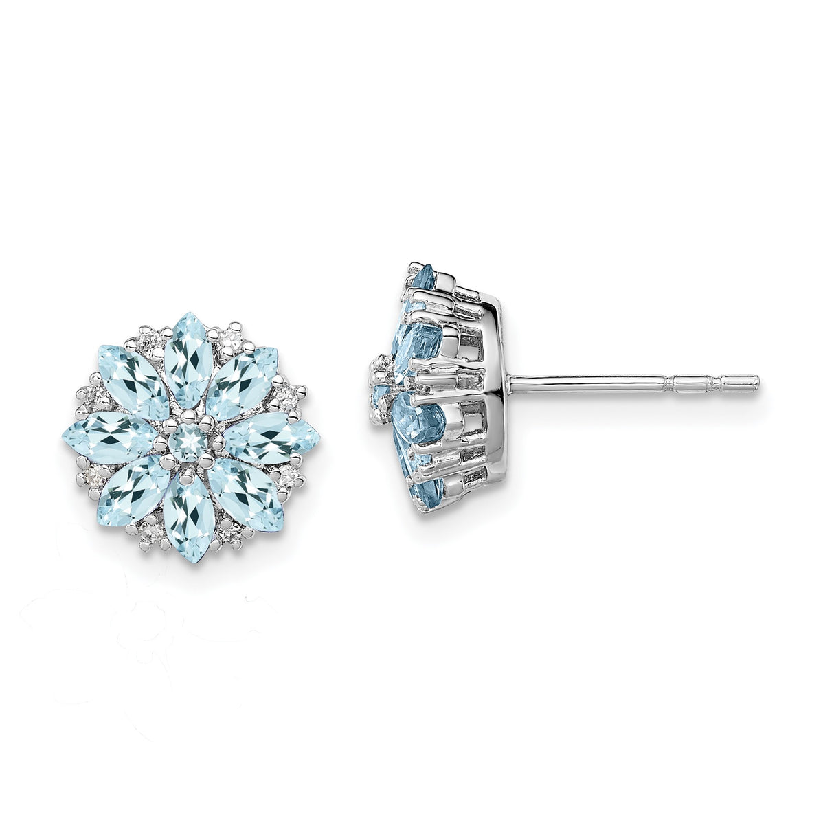 Sterling Silver Stud Earrings with Aquamarine and Diamond Accents, Floral Nature-Inspired Design