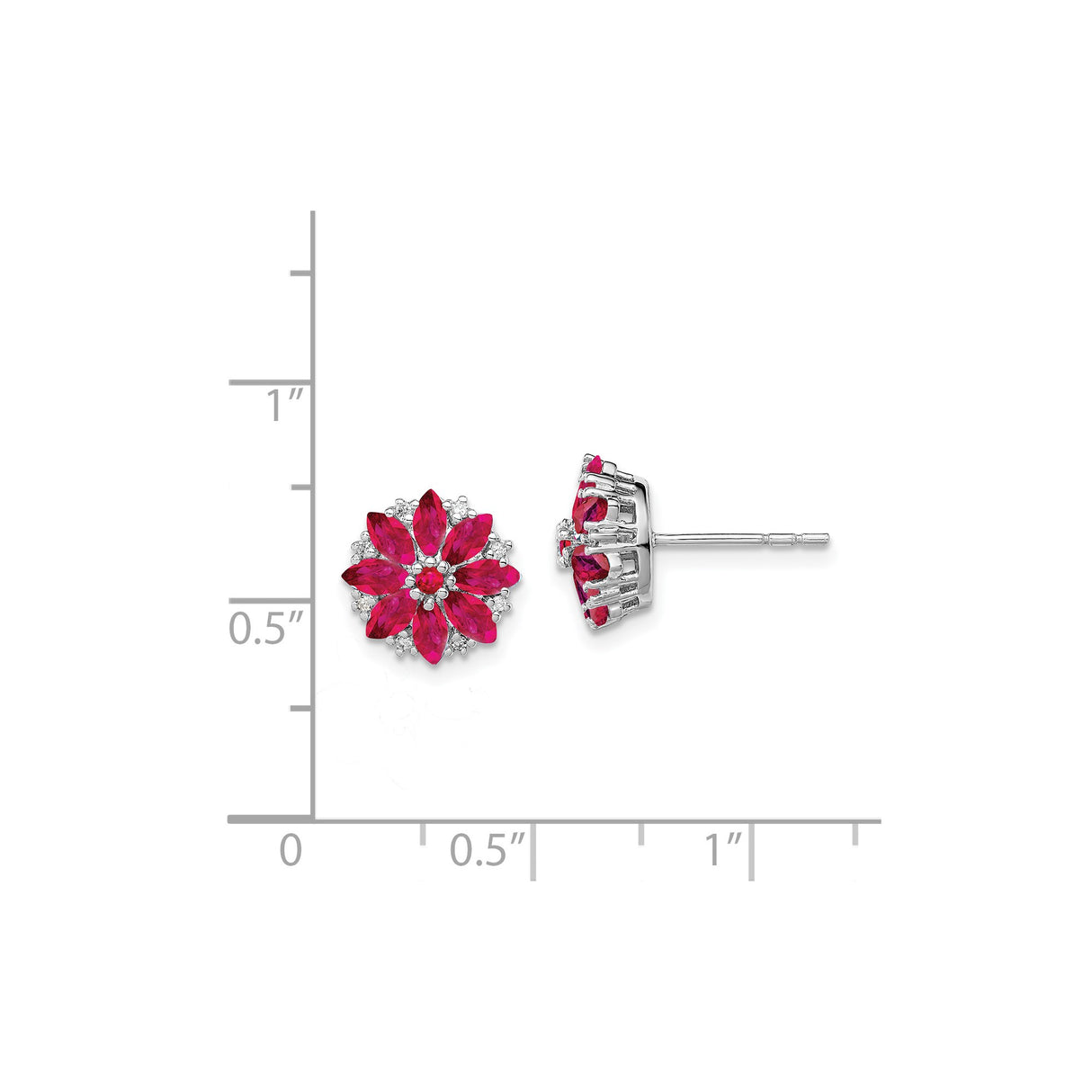Sterling Silver Stud Earrings with Ruby and Diamond, Floral Design for Women