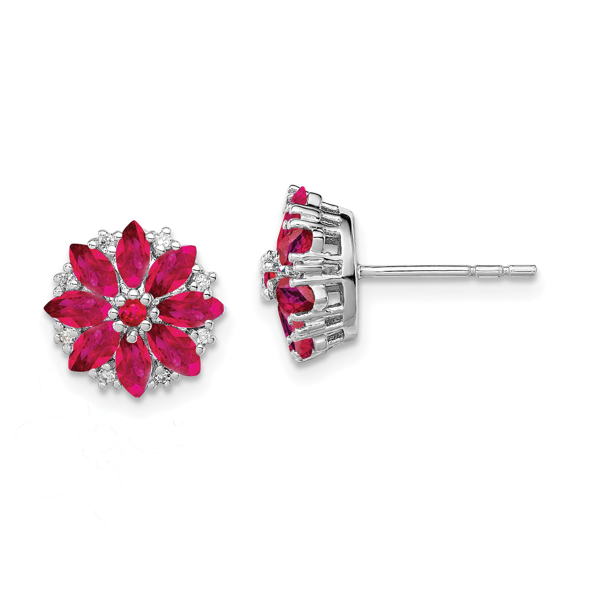 Sterling Silver Stud Earrings with Ruby and Diamond, Floral Design for Women