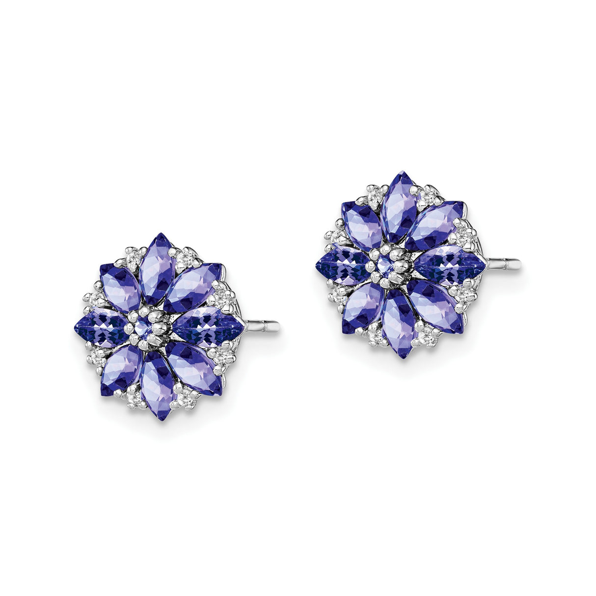 Sterling Silver Floral Stud Earrings with Marquise Cut Tanzanite and Diamond Accents