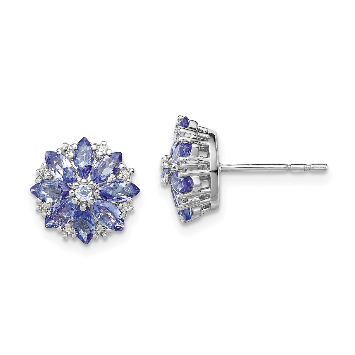 Sterling Silver Floral Stud Earrings with Marquise Cut Tanzanite and Diamond Accents