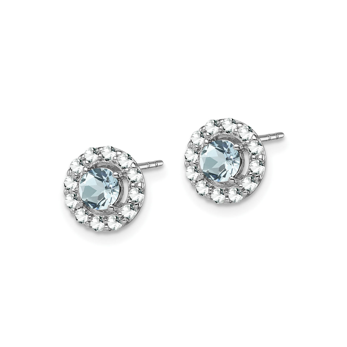 Sterling Silver Stud Earrings with Aquamarine and Cubic Zirconia Halo Floral Design