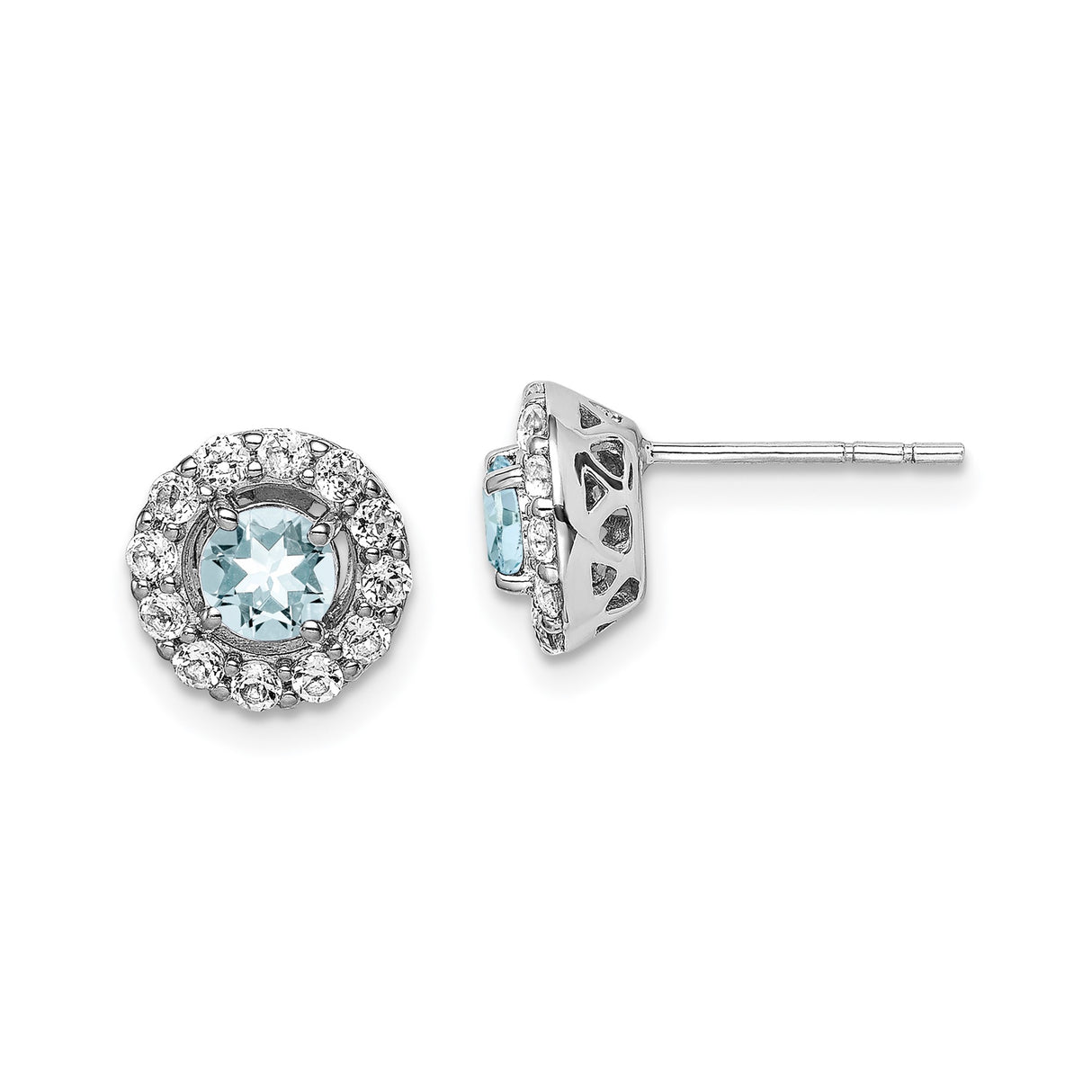 Sterling Silver Stud Earrings with Aquamarine and Cubic Zirconia Halo Floral Design