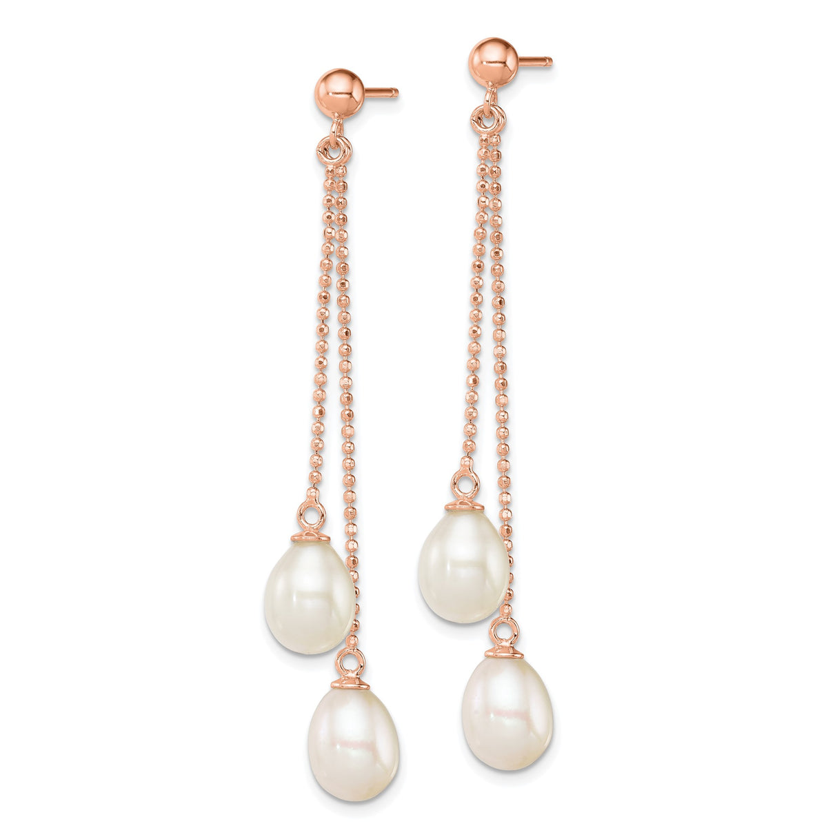 Sterling Silver Drop Earrings with Freshwater Cultured Pearls, Rose Gold Chains, Long Dangle Design