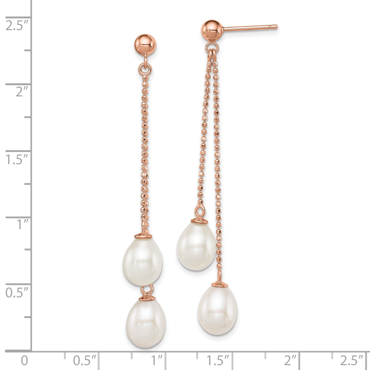 Sterling Silver Drop Earrings with Freshwater Cultured Pearls, Rose Gold Chains, Long Dangle Design
