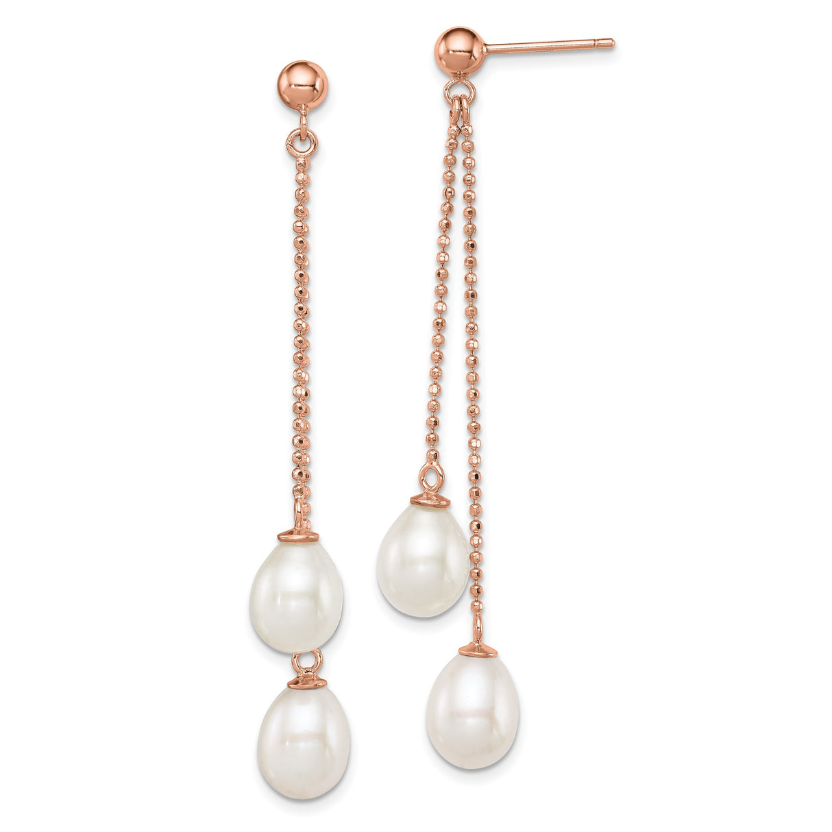 Sterling Silver Drop Earrings with Freshwater Cultured Pearls, Rose Gold Chains, Long Dangle Design
