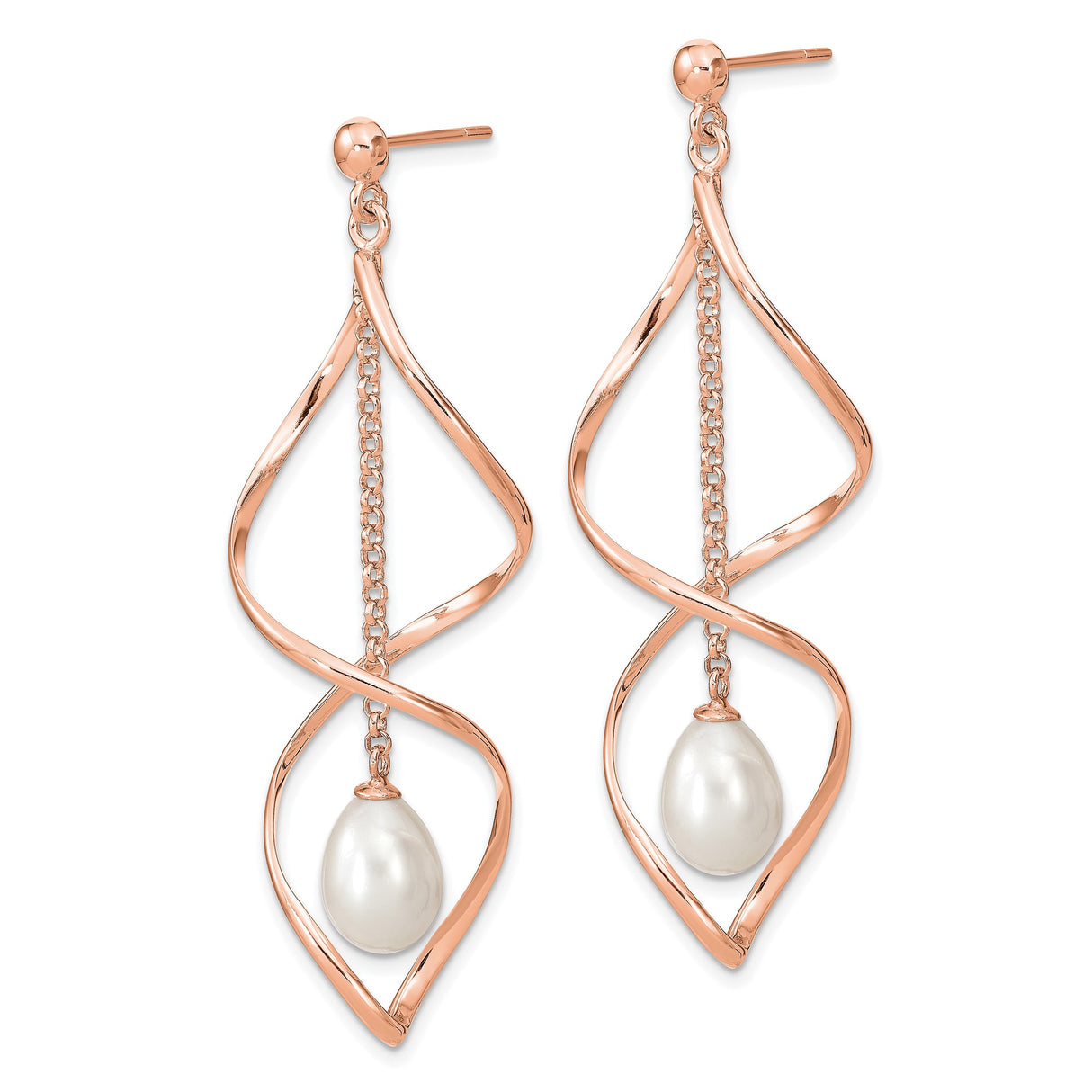 Sterling Silver Rose Gold Plated Dangle Earrings with Freshwater Pearls and Twisted Leaf Design