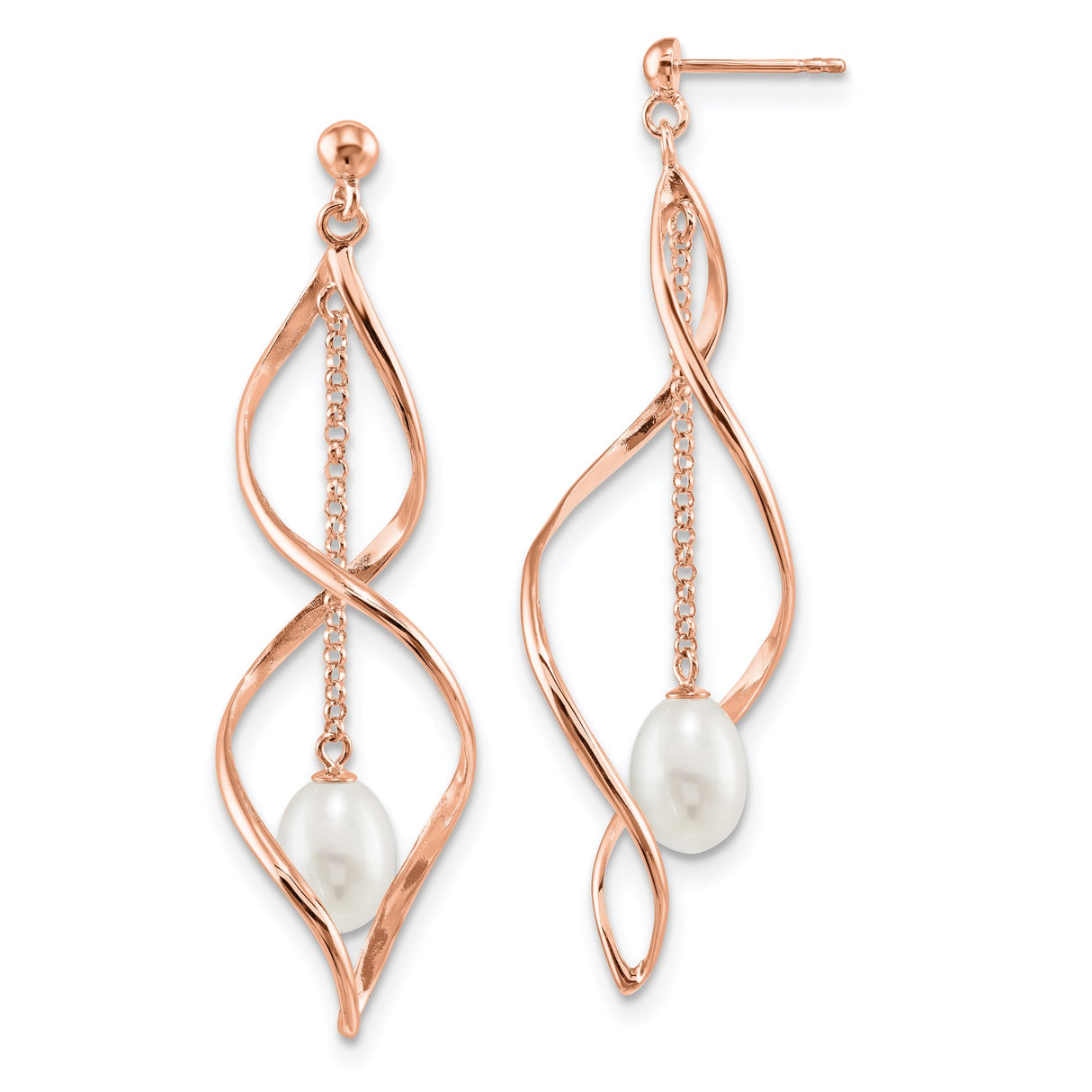 Sterling Silver Rose Gold Plated Dangle Earrings with Freshwater Pearls and Twisted Leaf Design