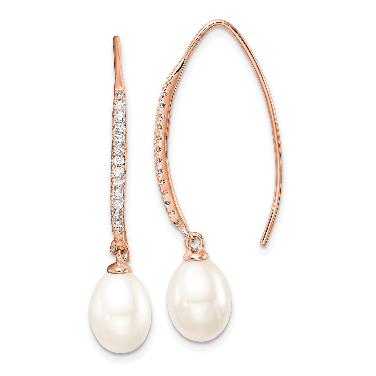 Sterling Silver Rose Gold Plated Threader Drop Earrings with Freshwater Pearl and Cubic Zirconia