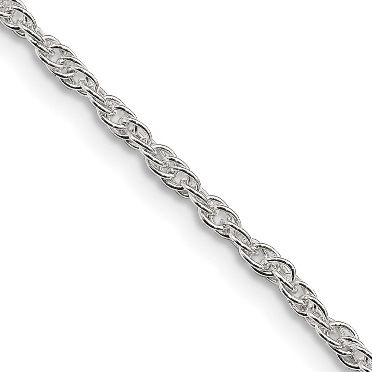 925 White Gold 2 mm Rope Chain Necklace, Polished detail view
