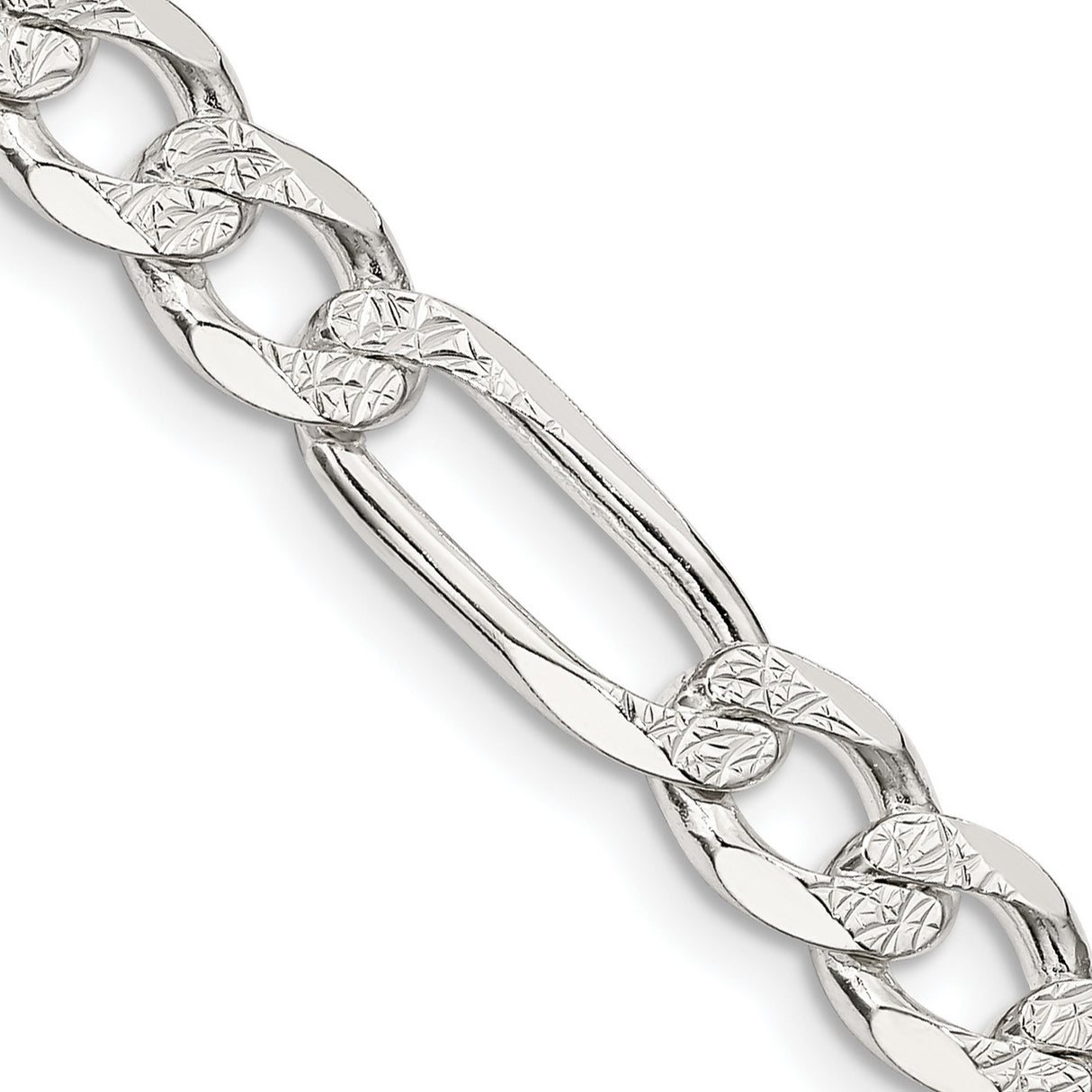 925 White Gold 7 mm Figaro Chain Necklace, Polished detail view