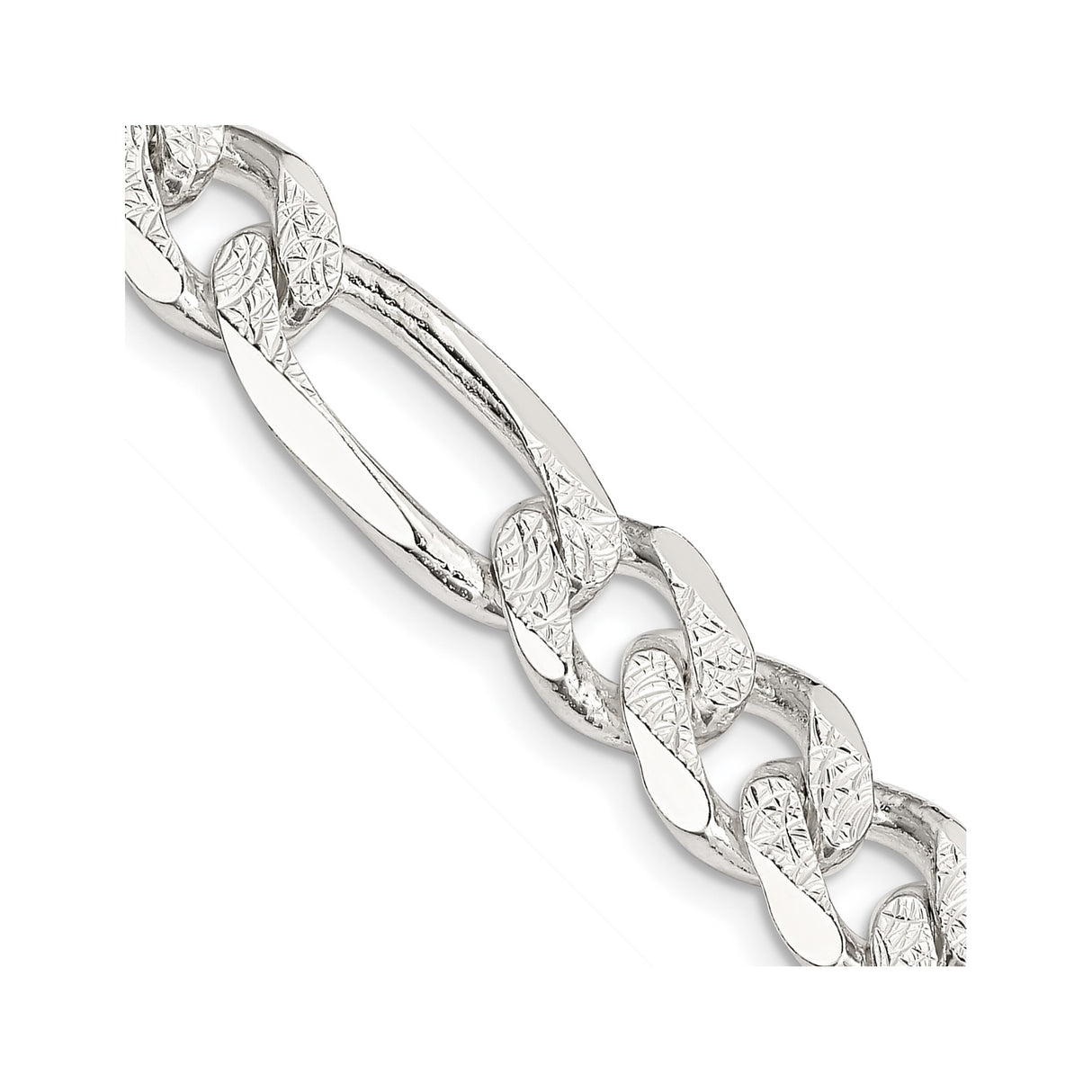 925 White Gold 9.5 mm Figaro Chain Bracelet, Polished detail view