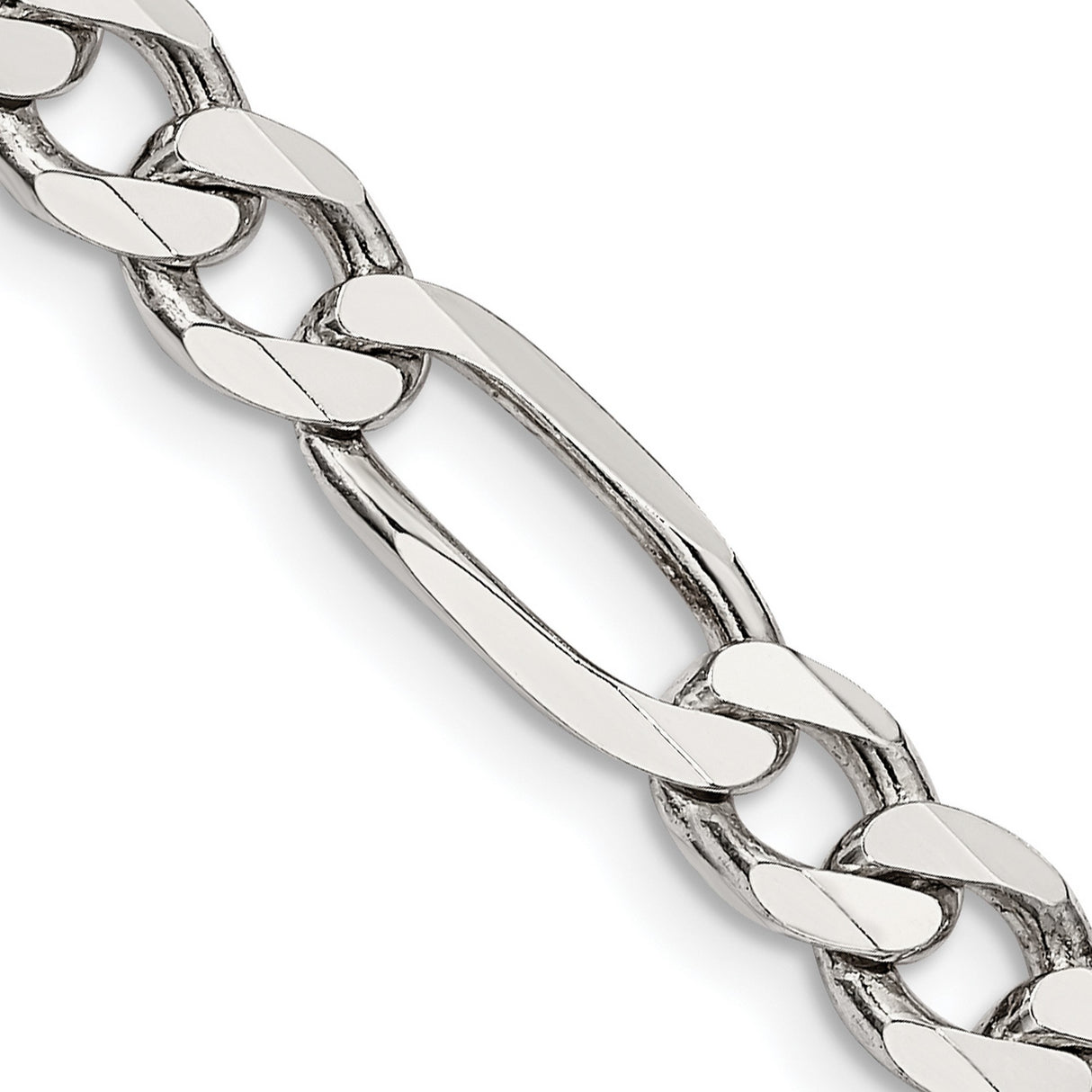 925 White Gold 6.75 mm Figaro Chain Necklace, Polished detail view