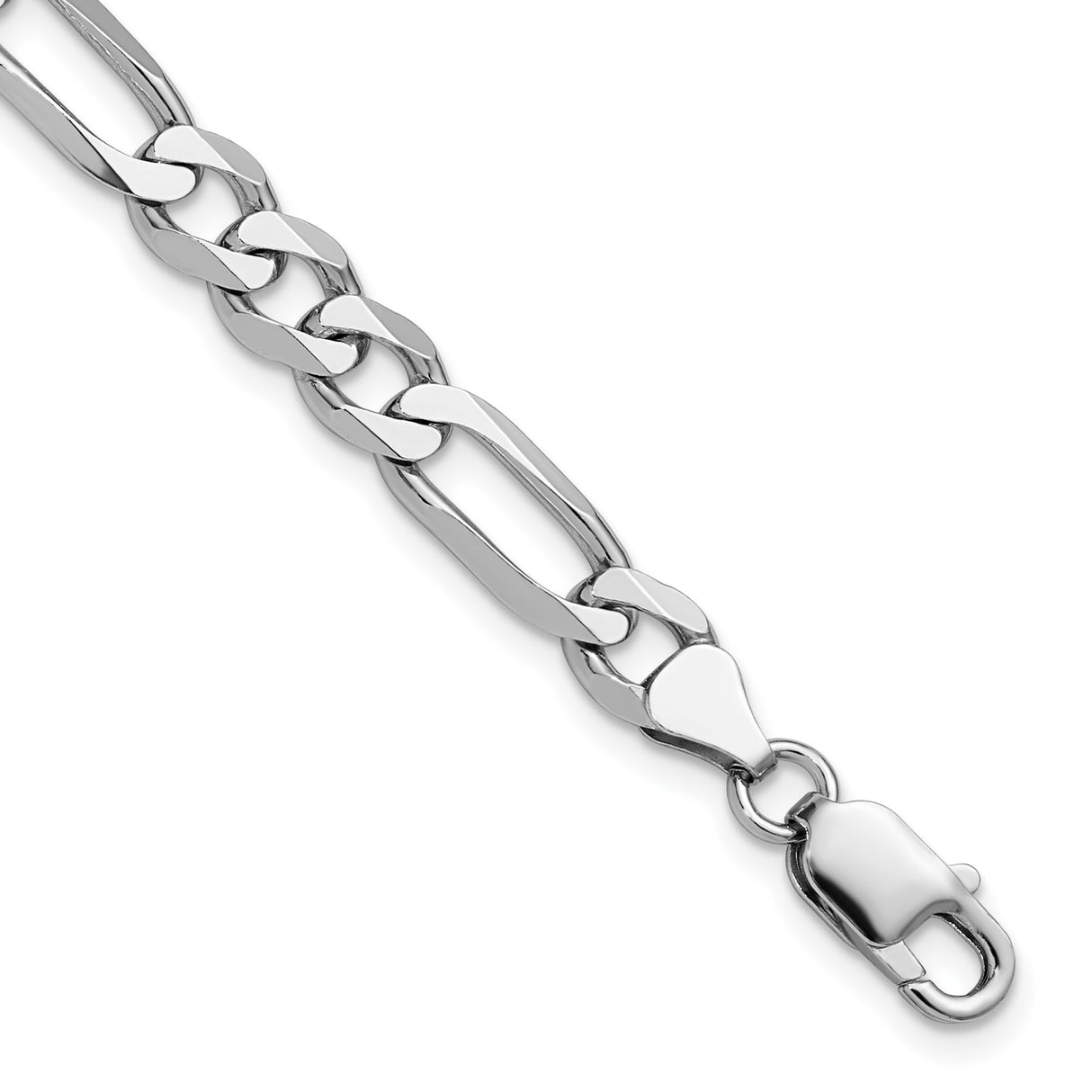 925 White Gold 7.5 mm Figaro Chain Bracelet, Polished detail view