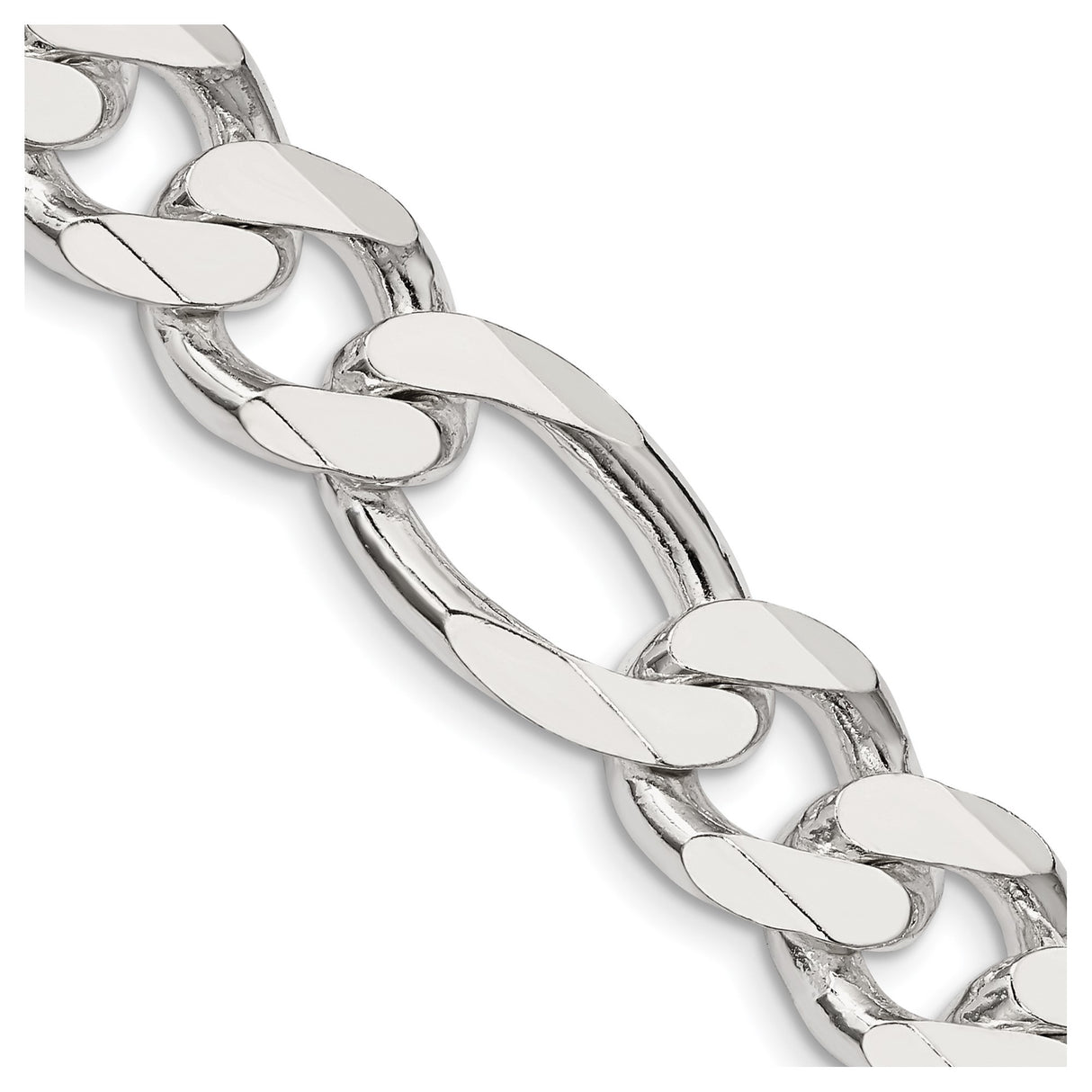 925 White Gold 13.5 mm Figaro Chain Necklace, Polished detail view