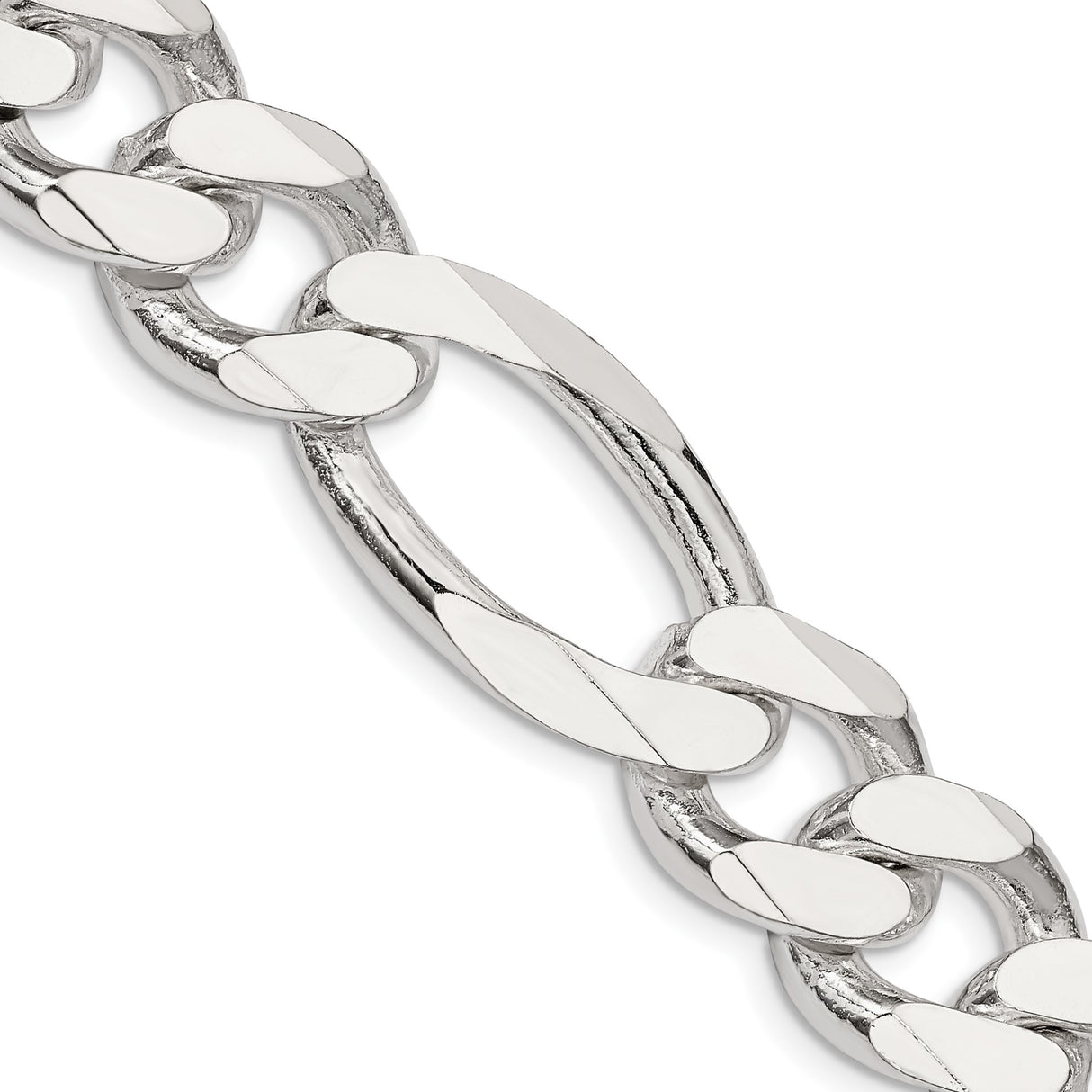 925 White Gold 15 mm Figaro Chain Necklace, Polished detail view