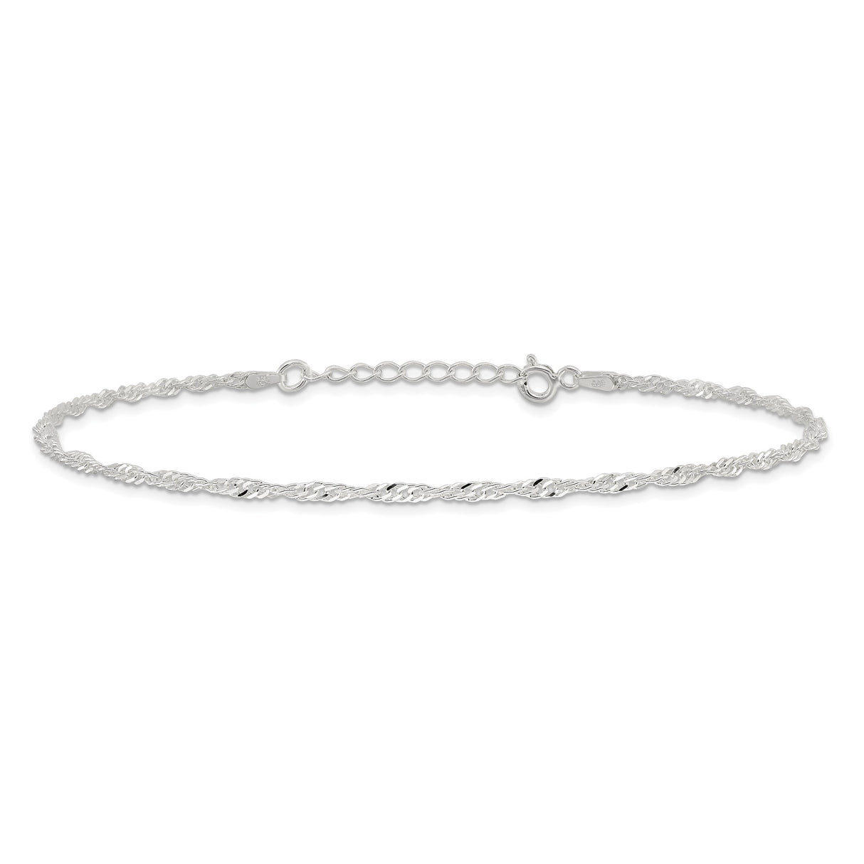 925 White Gold 2 mm Singapore Chain Anklet, Polished alternate angle