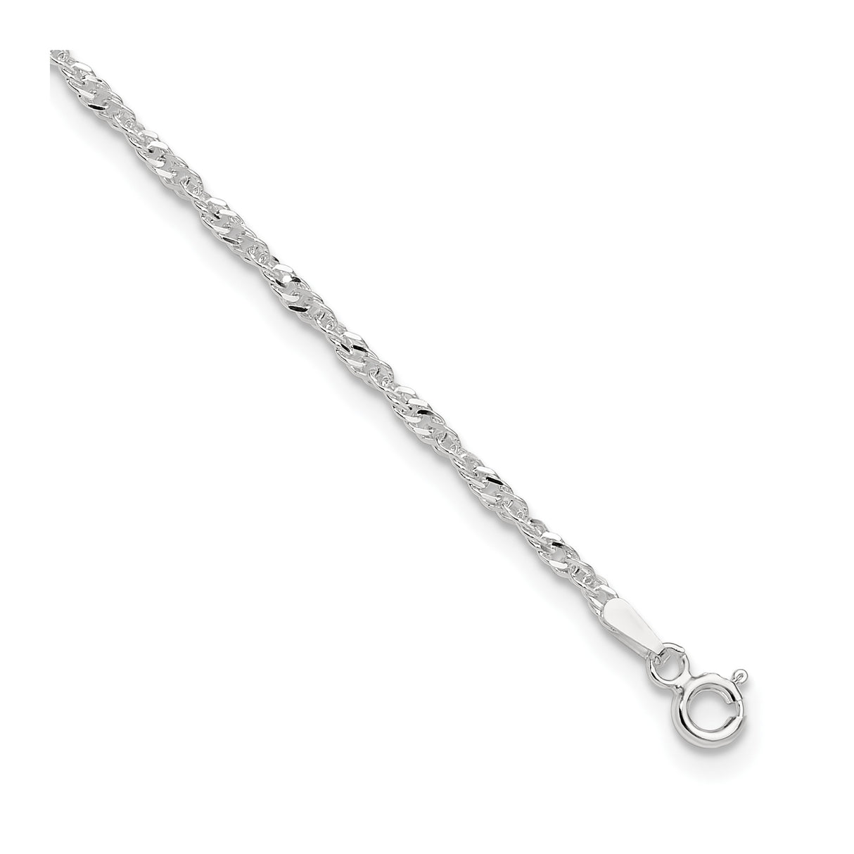 925 White Gold 2 mm Singapore Chain Anklet, Polished detail view