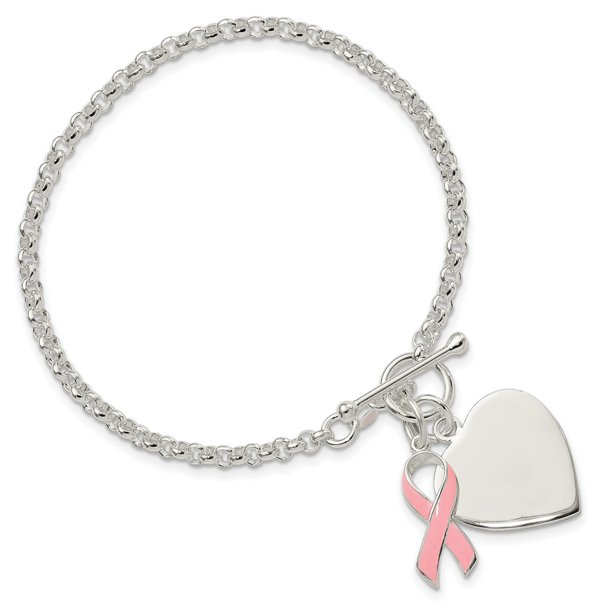 Fancy Engravable Heart with Pink Ribbon Bracelet Charm Pendant in Real 925 Sterling Silver