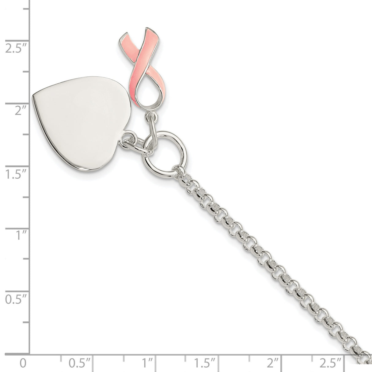 Fancy Engravable Heart with Pink Ribbon Bracelet Charm Pendant in Real 925 Sterling Silver