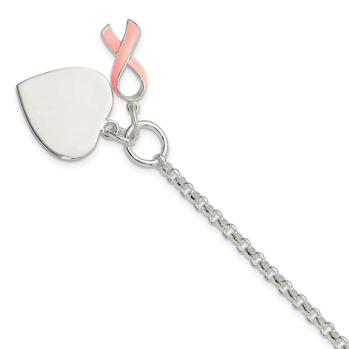 Fancy Engravable Heart with Pink Ribbon Bracelet Charm Pendant in Real 925 Sterling Silver