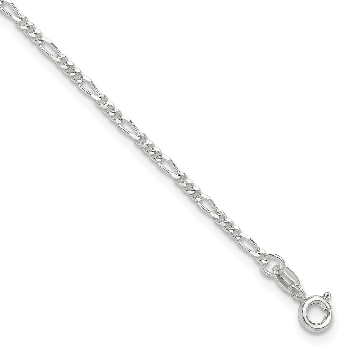925 White Gold 2 mm Figaro Chain Anklet, Polished detail view