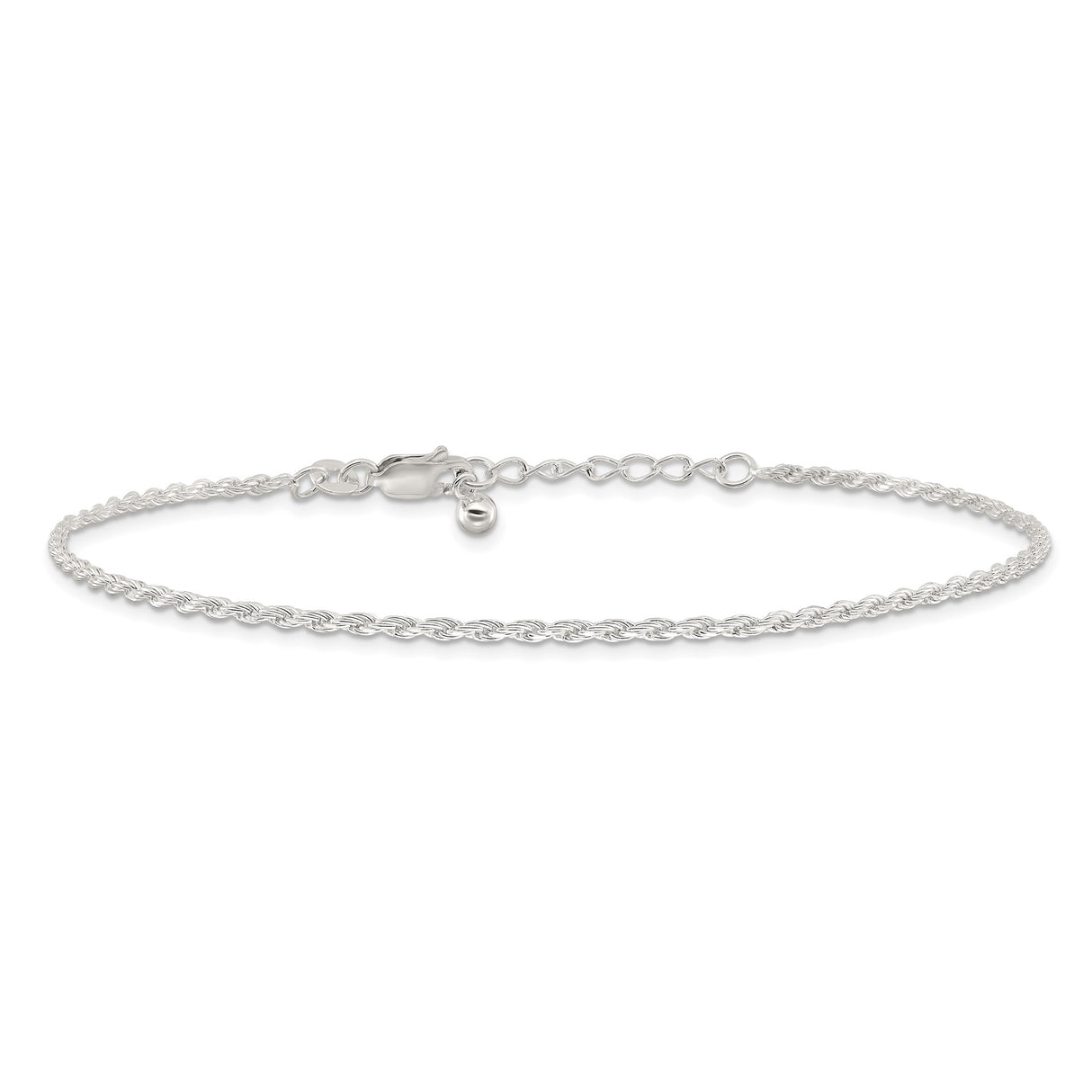 925 White Gold 2 mm Rope Chain Anklet, Polished alternate angle