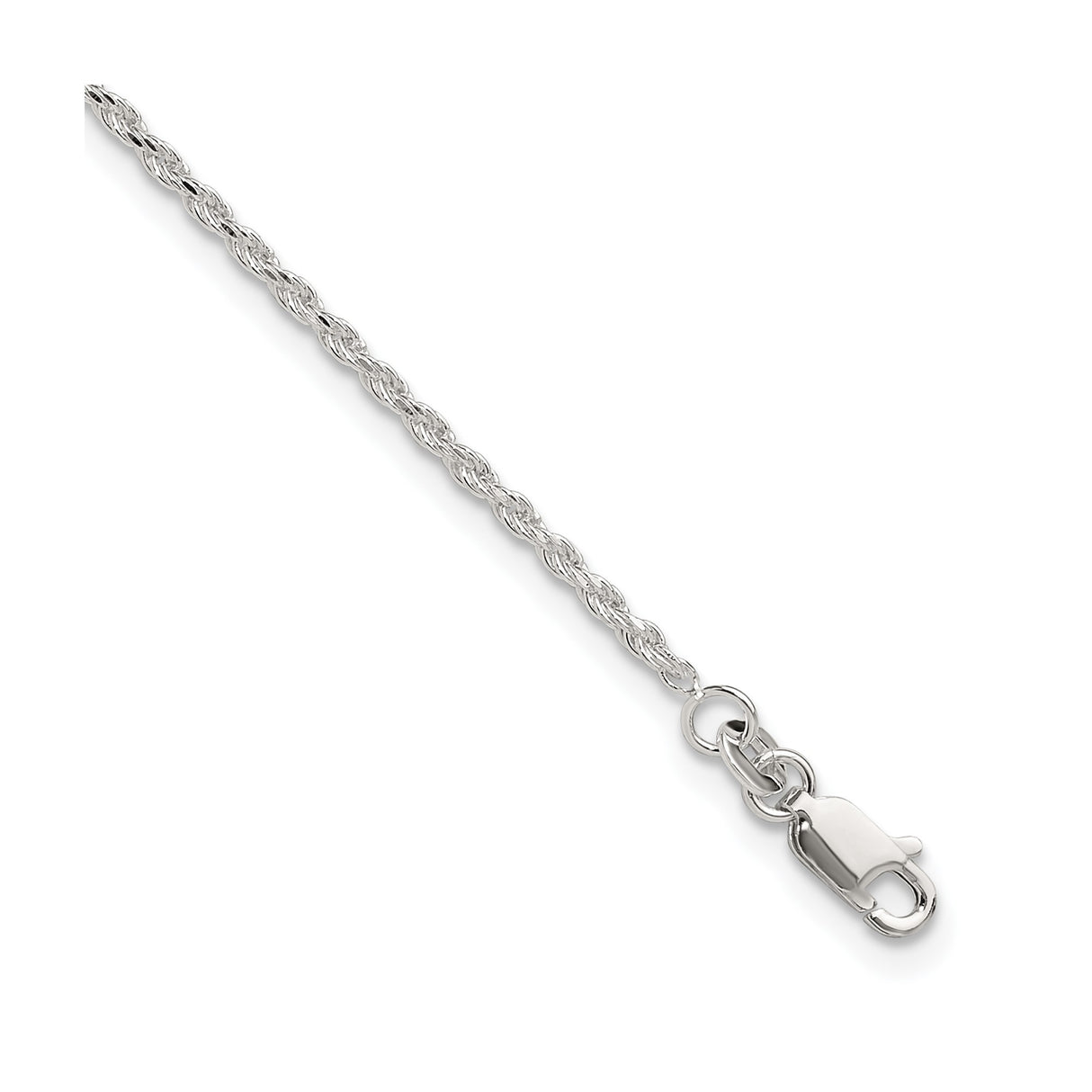 925 White Gold 2 mm Rope Chain Anklet, Polished detail view