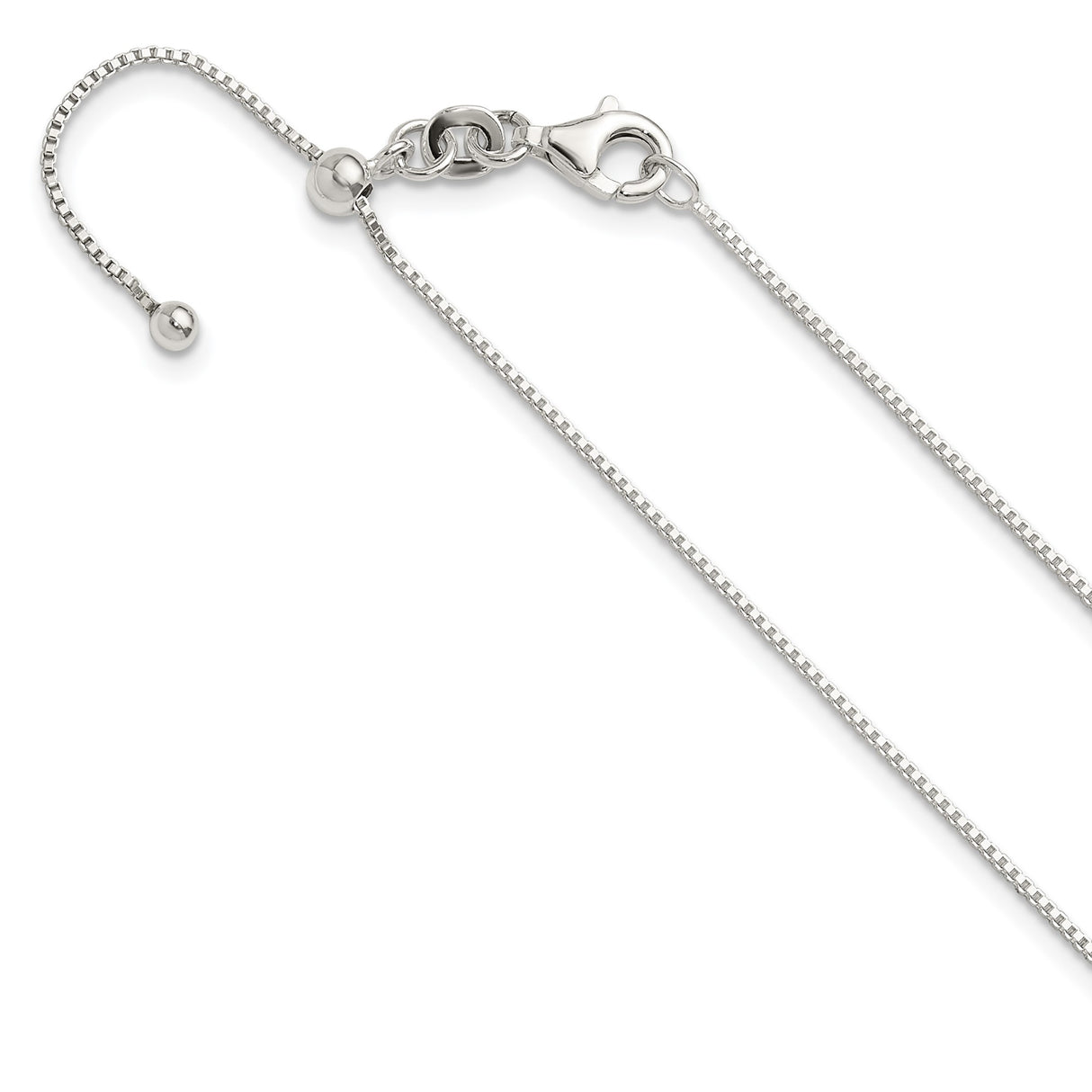 925 White Gold 0.9 mm Box Chain Necklace, Polished detail view