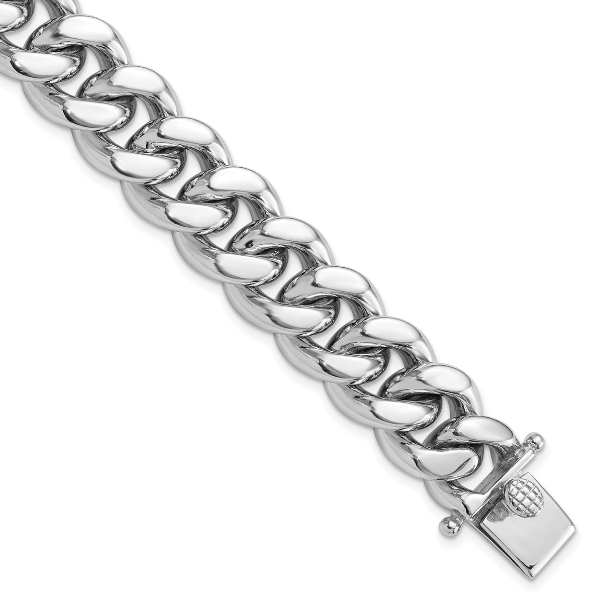925 White Gold 14.5 mm Curb Chain Bracelet, Polished detail view