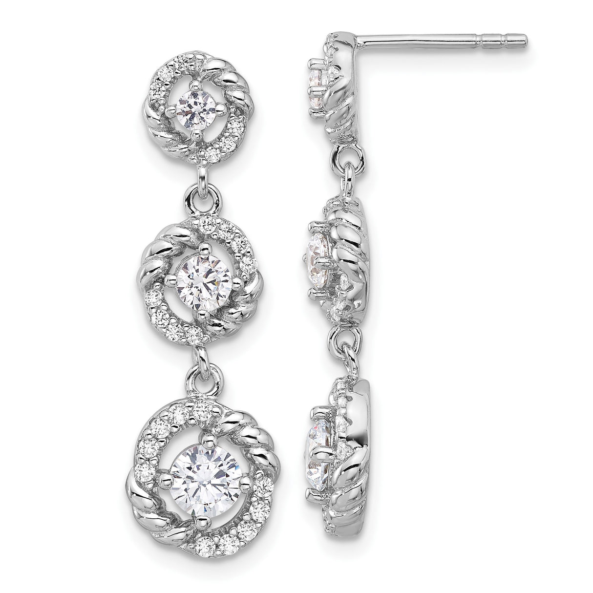 Sterling Silver Dangle Earrings with Cubic Zirconia, Twisted Rope and Halo Design