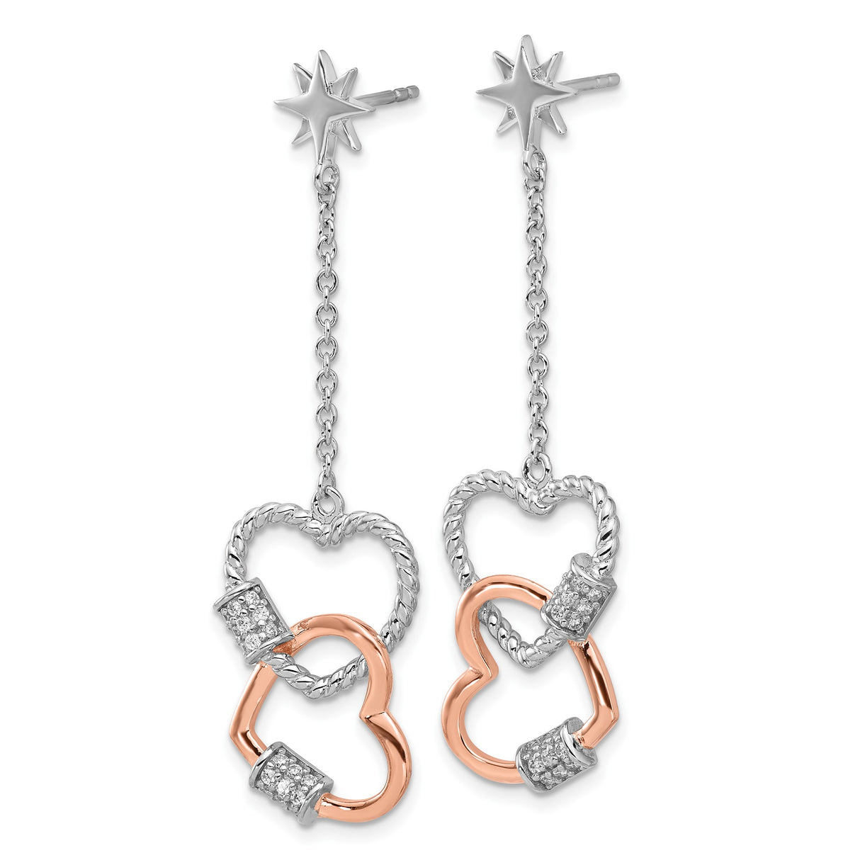 Sterling Silver Dangle Earrings with Cubic Zirconia, Star Studs, Chain Drop, Interlocking Hearts