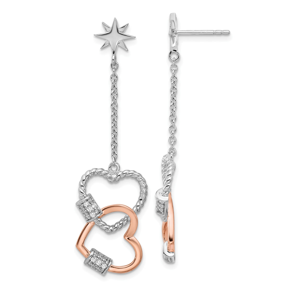 Sterling Silver Dangle Earrings with Cubic Zirconia, Star Studs, Chain Drop, Interlocking Hearts