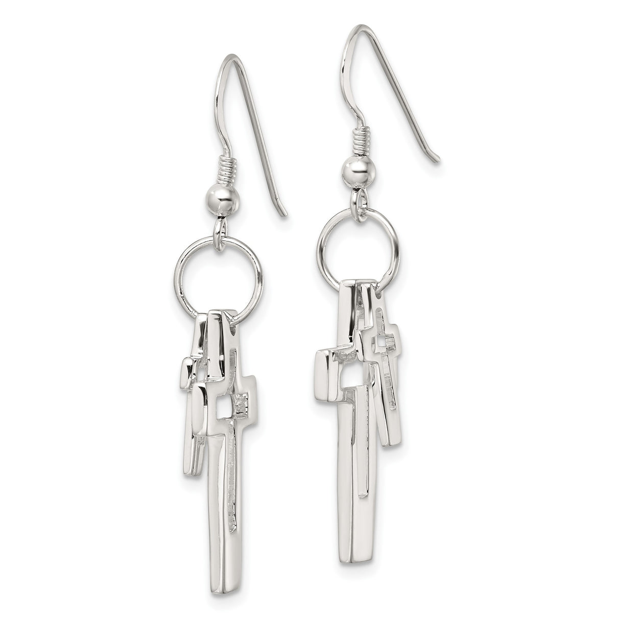 Sterling Silver Cross Earrings, Open Layered Dangle Design with Shepherd Hooks