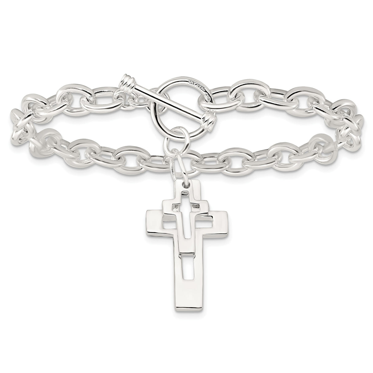 Sterling Silver Toggle Bracelet with Dual Cross Charms, Open and Solid Faith Design
