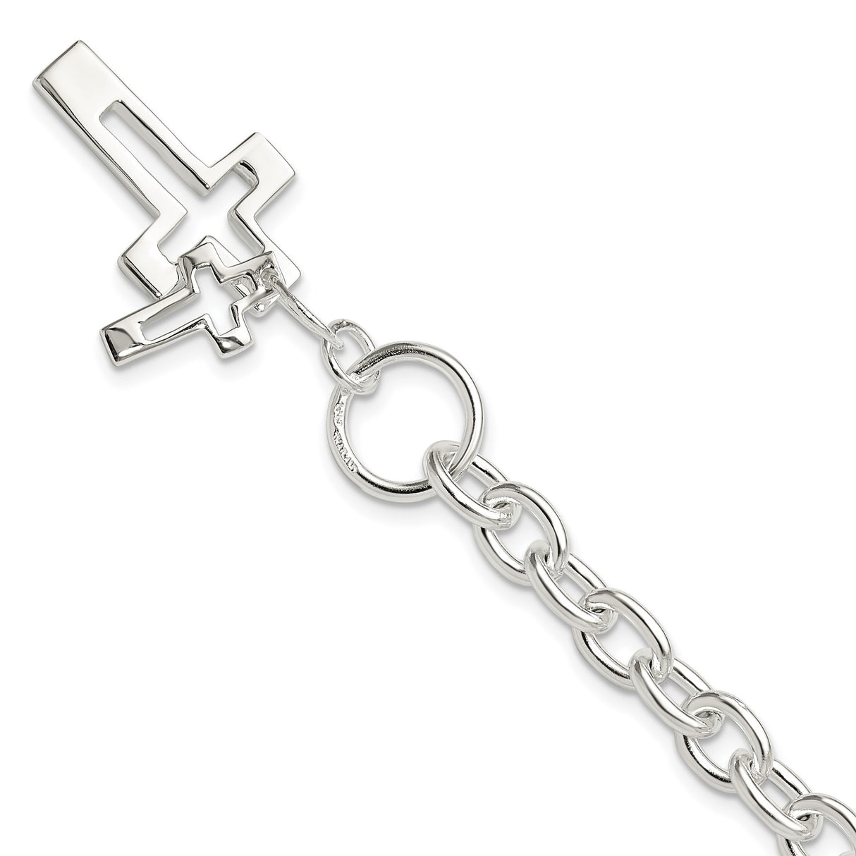 Sterling Silver Toggle Bracelet with Dual Cross Charms, Open and Solid Faith Design