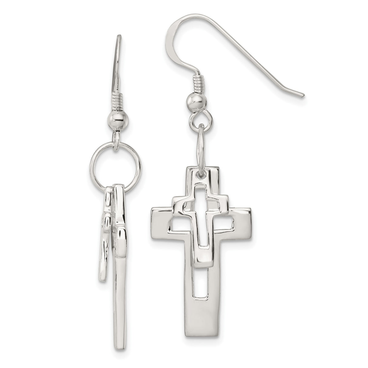 Sterling Silver Cross Earrings, Open Layered Dangle Design with Shepherd Hooks