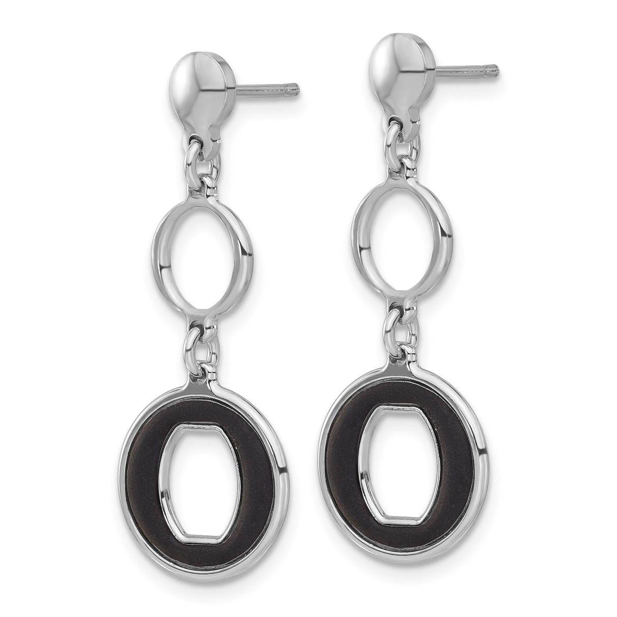 Sterling Silver Dangle Earrings with Open Circle and Oval Link Design, Black Enamel Accents