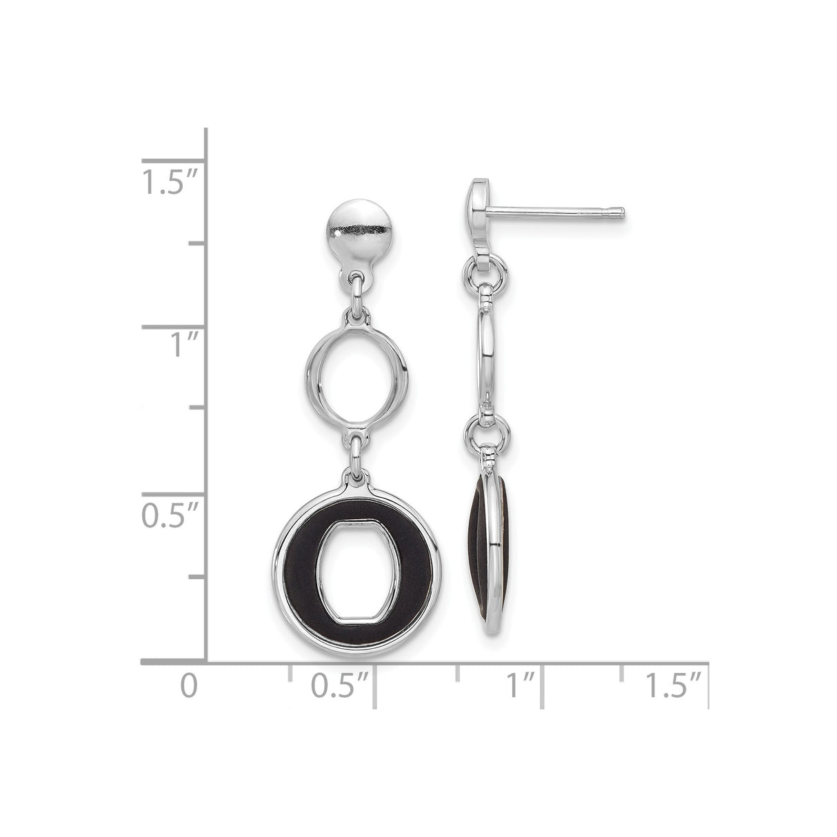 Sterling Silver Dangle Earrings with Open Circle and Oval Link Design, Black Enamel Accents