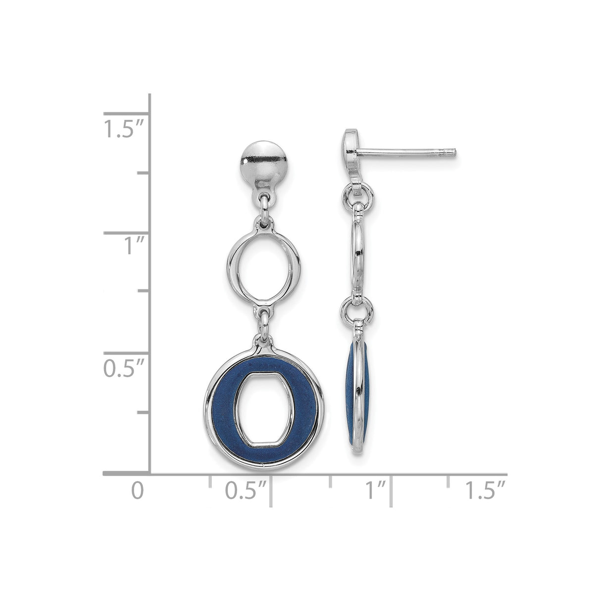 Sterling Silver Dangle Earrings with Interlocking Circle Design and Blue Enamel Accent